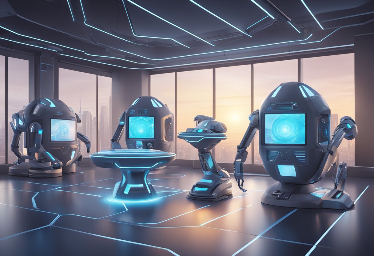 A futuristic AI training facility with interactive holographic simulations and advanced robotics