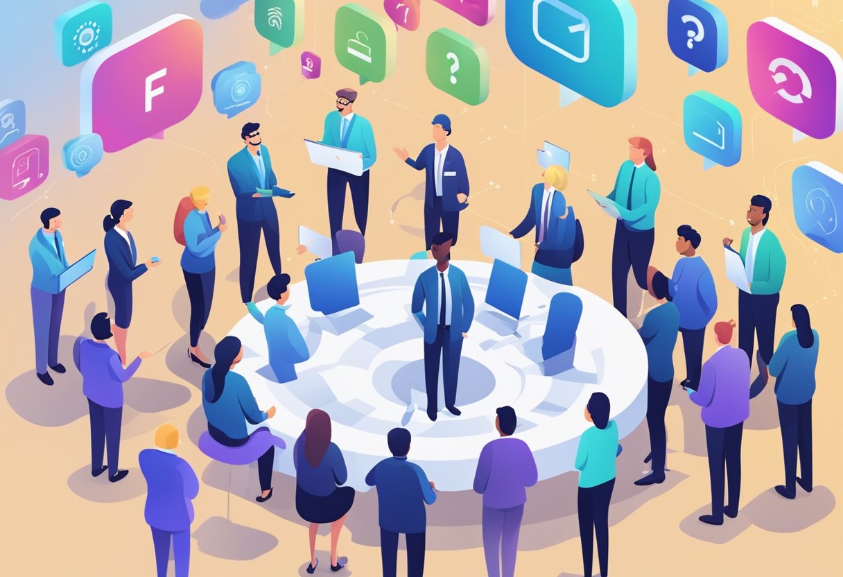 An AI character addressing a group of corporate employees, surrounded by floating FAQ icons