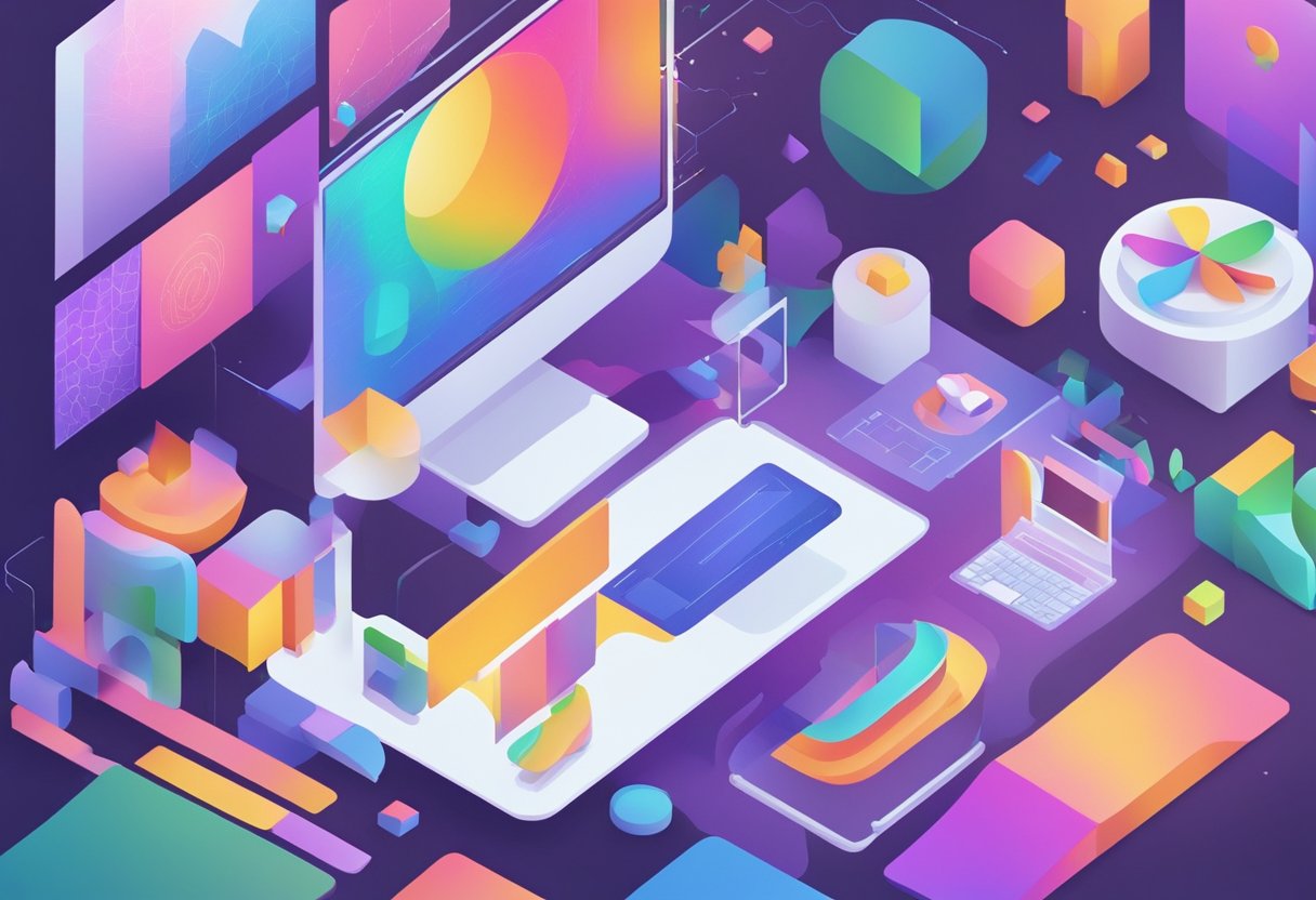 A computer screen displaying a colorful 2D animation being created by AI tools, with various shapes and patterns coming together to form a dynamic and visually engaging scene