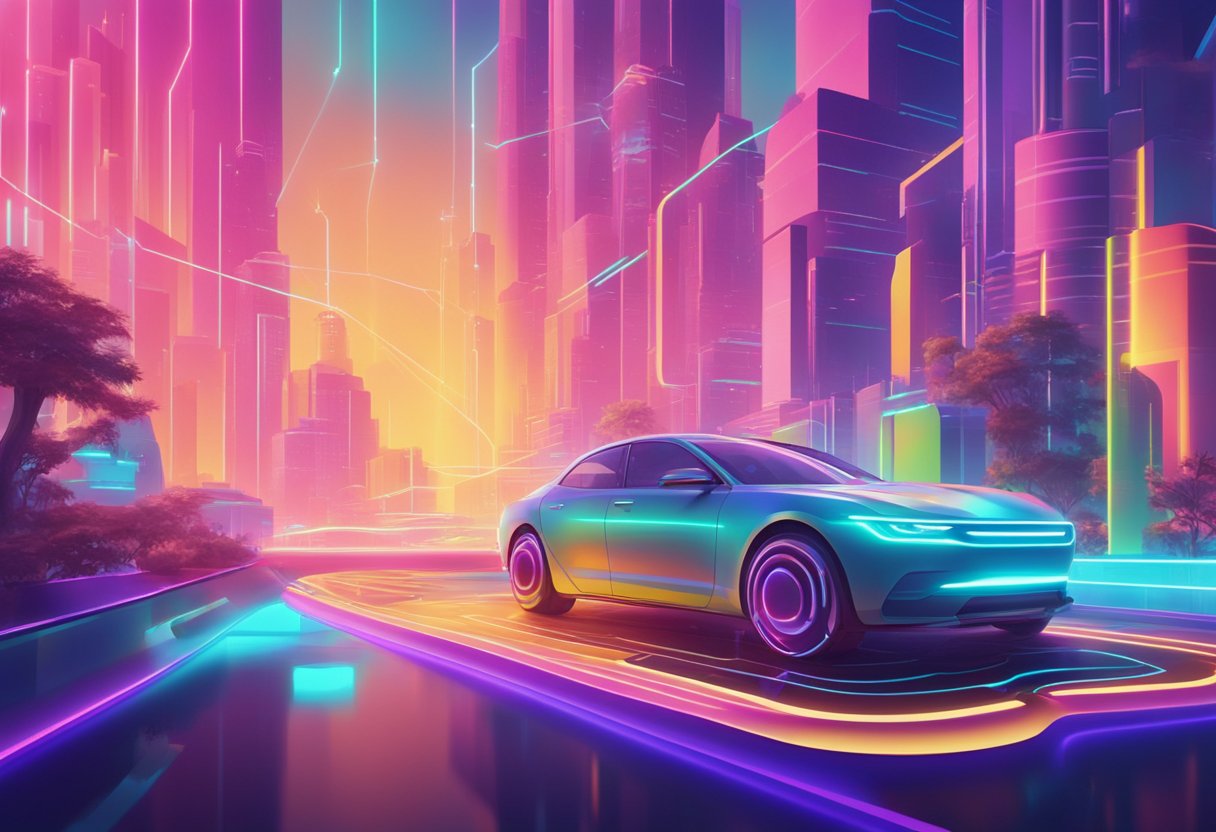 A computer-generated 2D animation scene featuring futuristic AI tools creating dynamic and lifelike movement in a colorful and vibrant setting