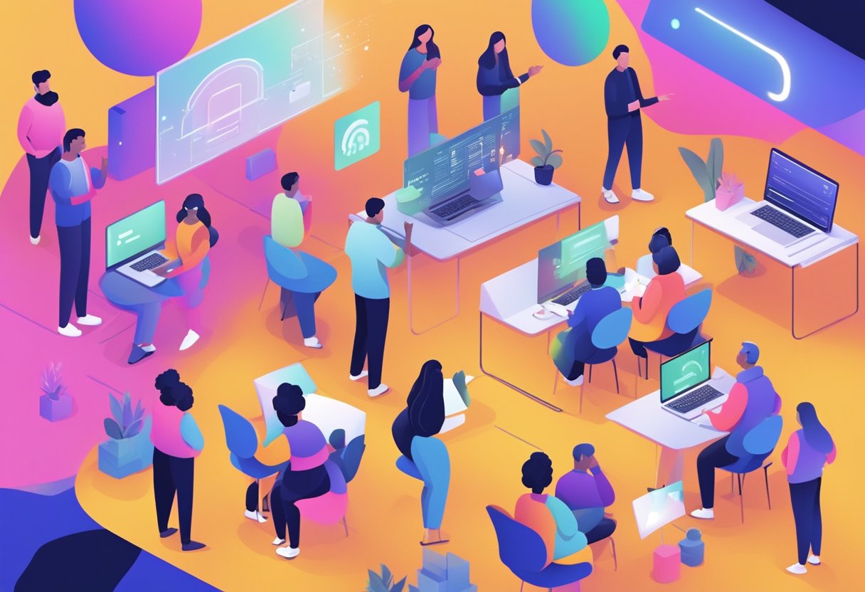 A group of diverse AI algorithms working together, each contributing unique elements to a dynamic and evolving storytelling animation