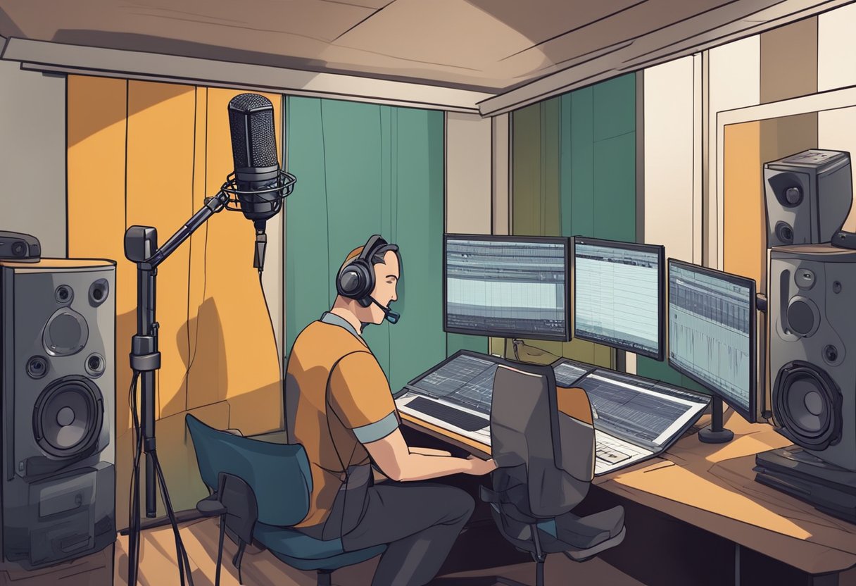 A professional voiceover artist records in a soundproof studio while an AI animation program creates a high-quality video