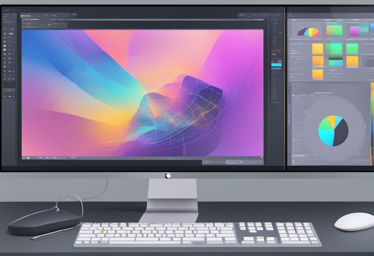 A computer monitor displaying a video editing interface with AI tools and controls