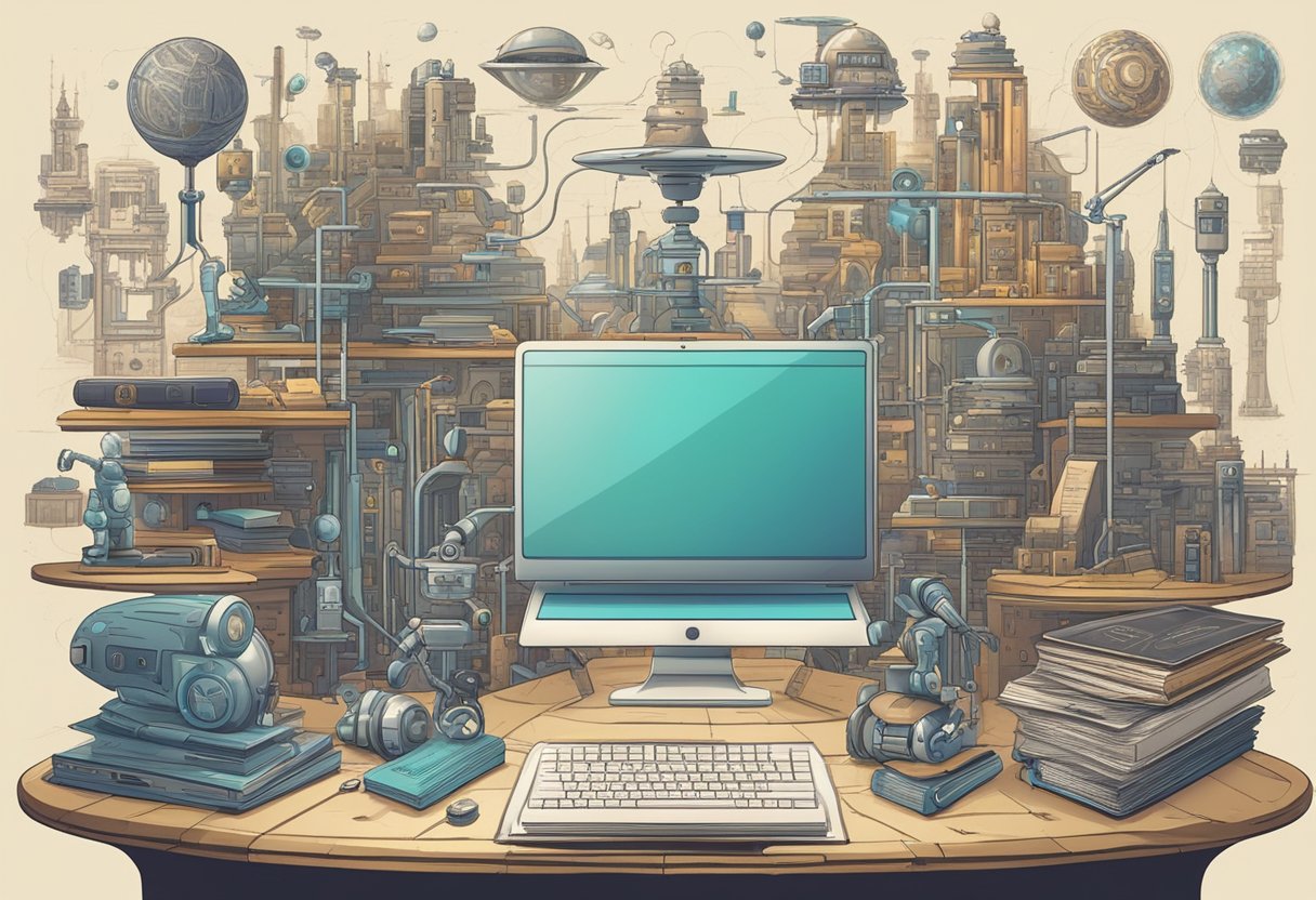 A futuristic AI entity surrounded by various forms of educational media, from ancient scrolls to modern digital devices
