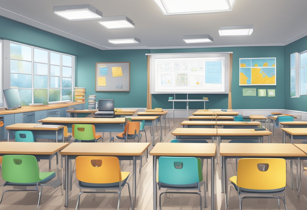 A classroom setting with AI technology integrated into educational materials and media