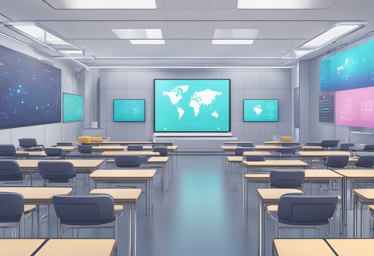 A futuristic classroom with AI tools and educational media displayed on interactive screens