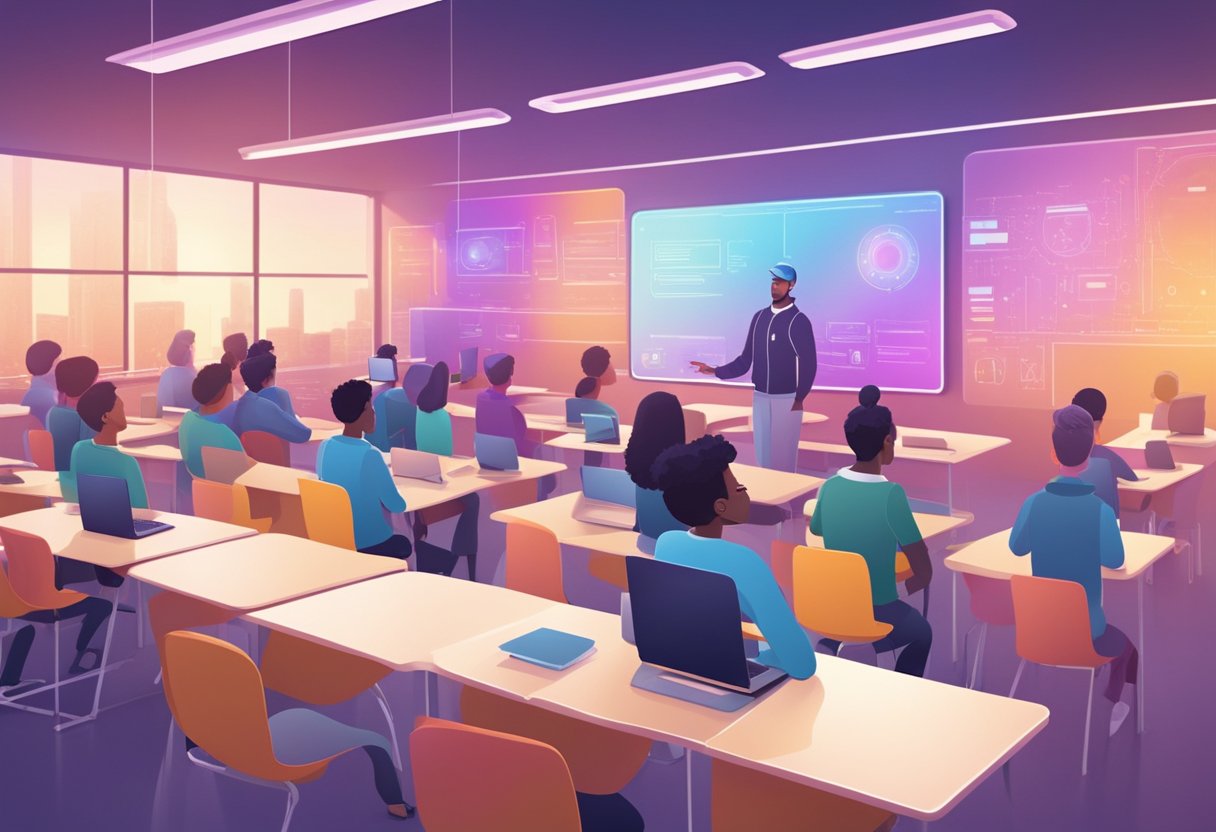 A futuristic classroom with AI-powered educational tools and interactive media. Students engage with virtual tutors and advanced learning technology