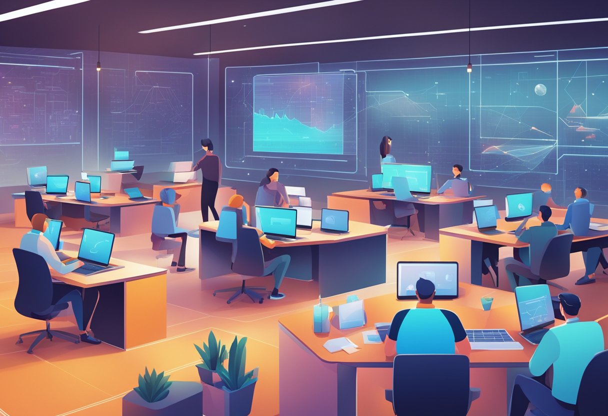 A group of AI-powered software programs working together in a futuristic, sleek digital workspace, seamlessly collaborating and enhancing workflow