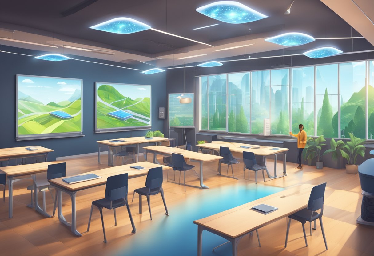 A futuristic classroom with holographic displays and interactive AI teaching tools. Renewable energy sources power the sleek, sustainable design