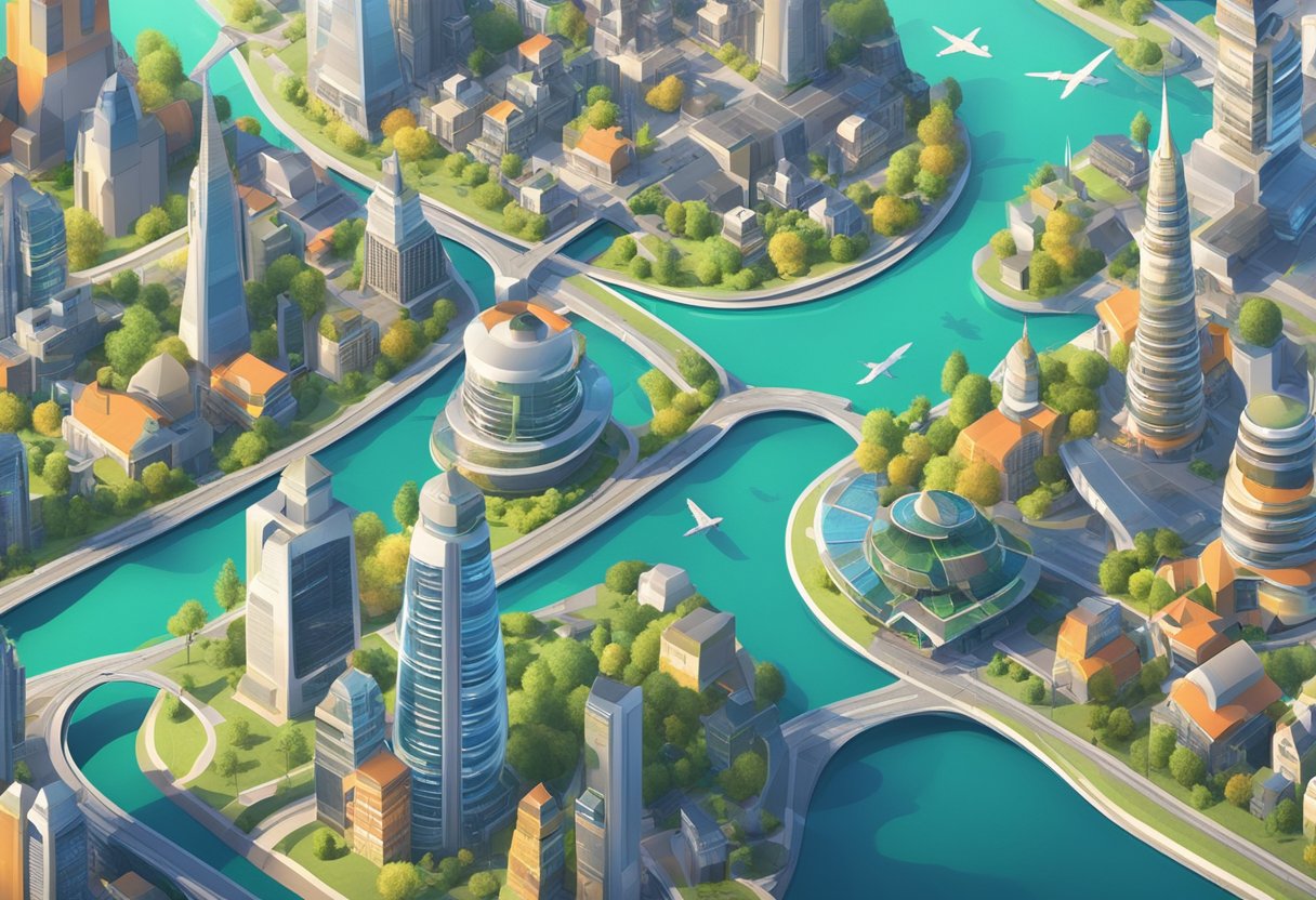A computer-generated animation of a futuristic cityscape with flying vehicles, created using machine learning algorithms