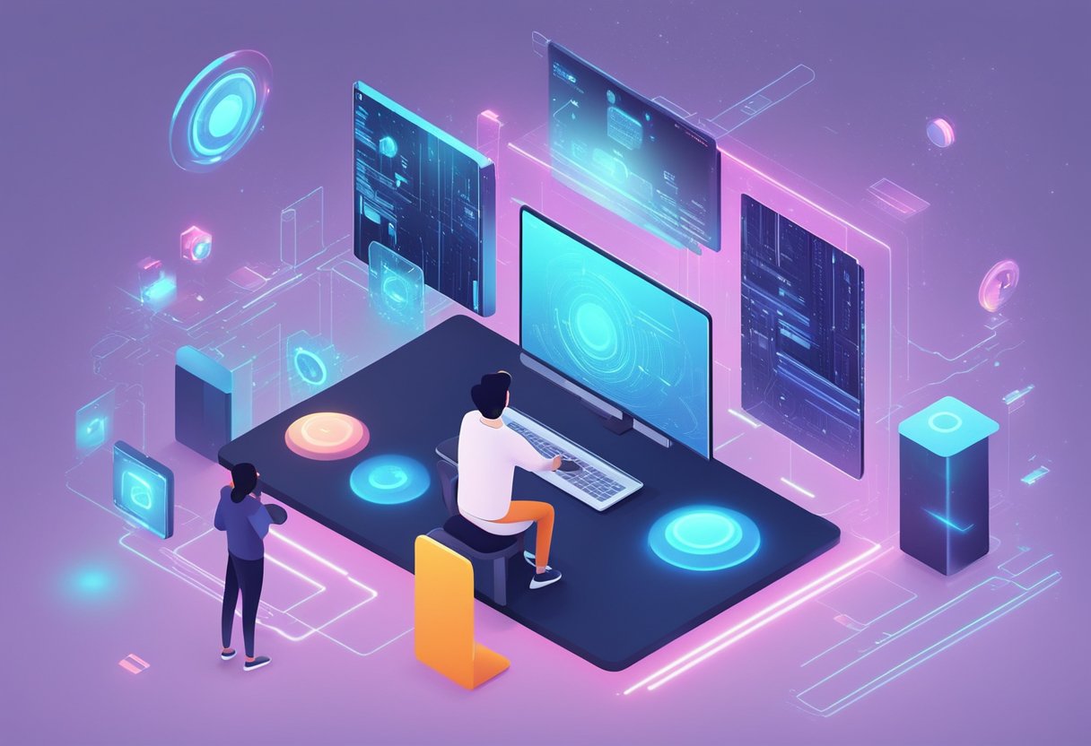 A computer-generated character interacts with AI-powered animation software, surrounded by digital interface elements and futuristic technology