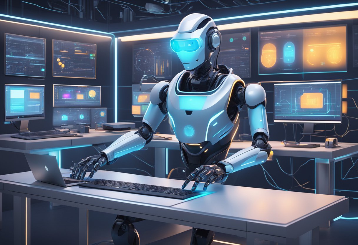A sleek robot manipulating digital animation tools, surrounded by glowing screens and futuristic technology