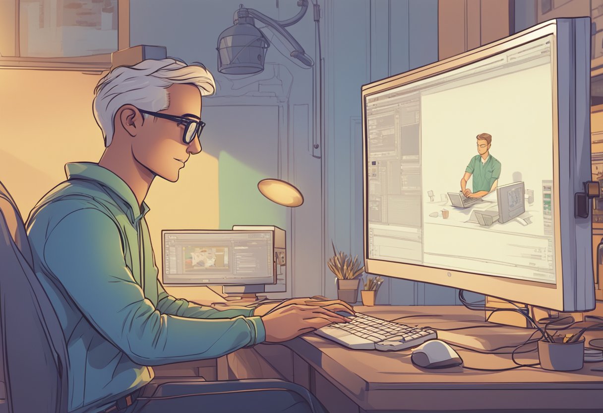 An animated character using a computer to create AI-powered animations