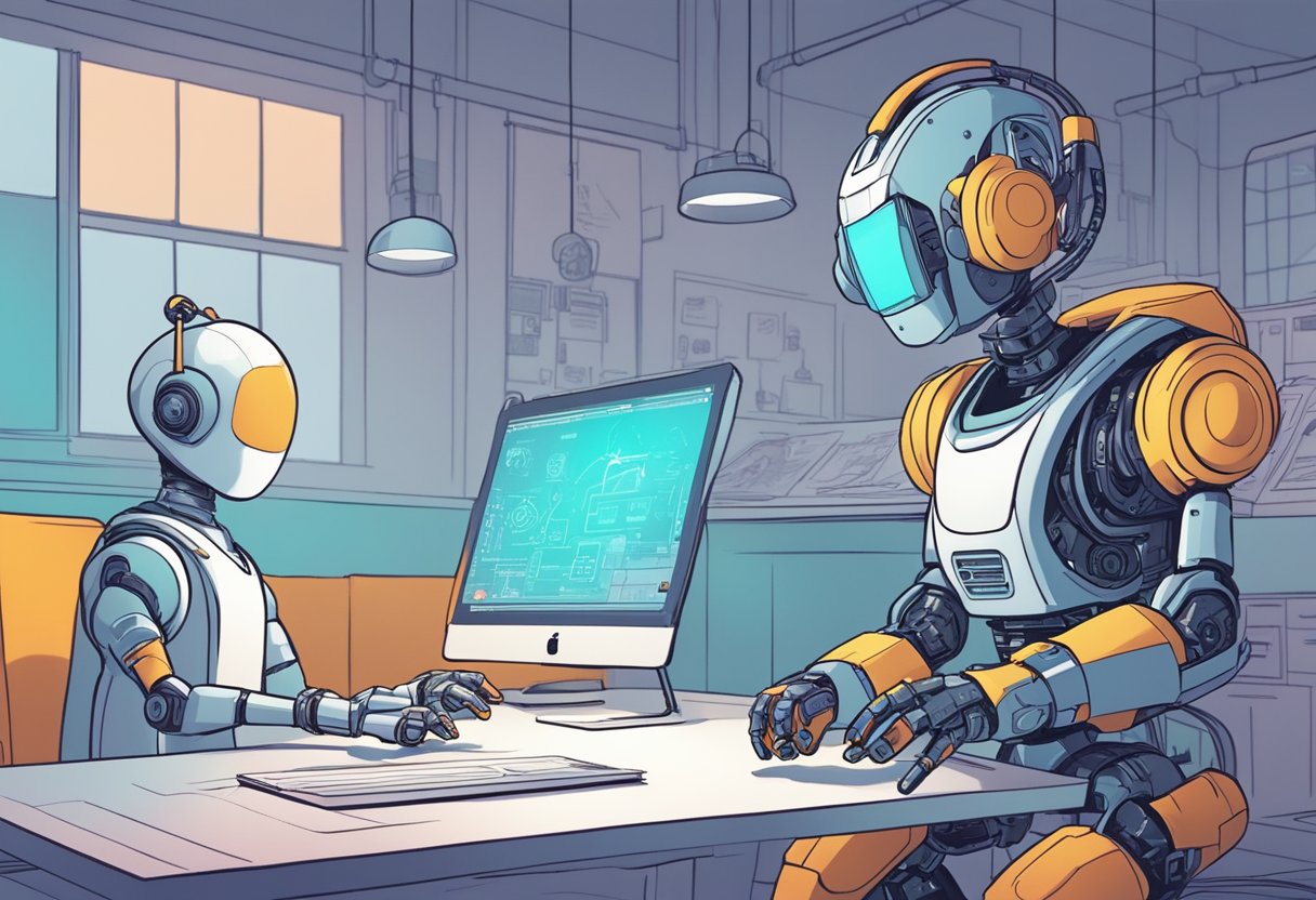 An AI-powered robot animates a colorful illustration, while a human illustrator observes and evaluates its pros and cons