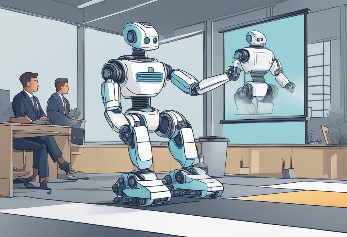 An AI-powered robot creating animated visuals for a corporate strategy presentation