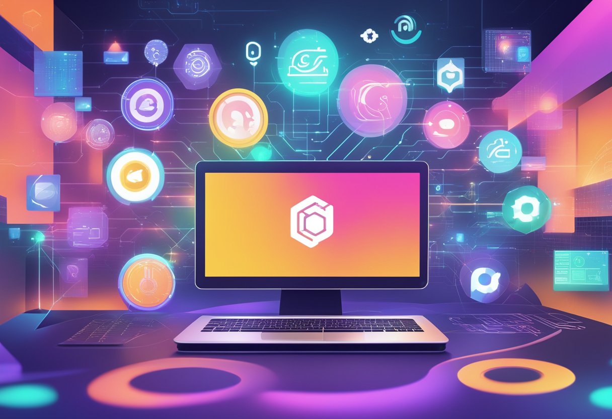 A computer screen displaying various platform logos with AI-Animate software in the background, surrounded by futuristic design elements