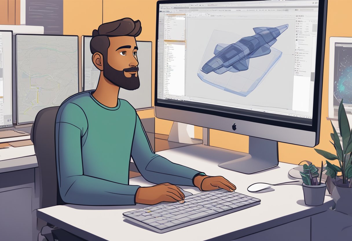 An animator sits at a desk, comparing Adobe Animate and AI-driven software on a computer screen. The software interfaces are displayed side by side, with various animation tools and features visible