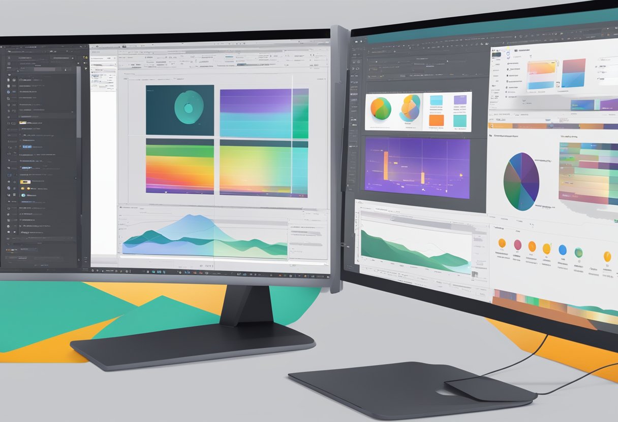 A computer screen split in half, one side showing Adobe Animate interface, the other side displaying AI-driven software interface. Icons and tools are visible on both screens