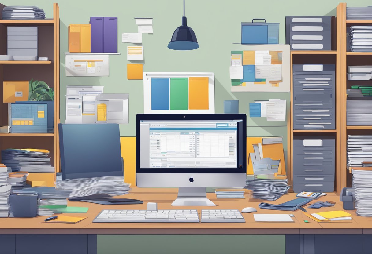 A cluttered desk with a computer running Adobe Animate and AI-driven software, surrounded by files and folders, representing the comparison of file management and scalability