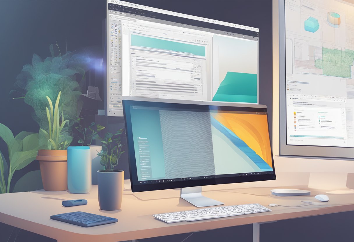 A computer screen split in half, one side showing Adobe Animate interface, the other side displaying AI-driven software interface, with a magnifying glass hovering over both