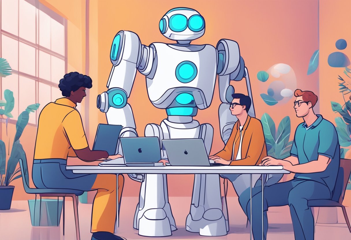 A group of animated characters interacting with AI technology in a studio setting