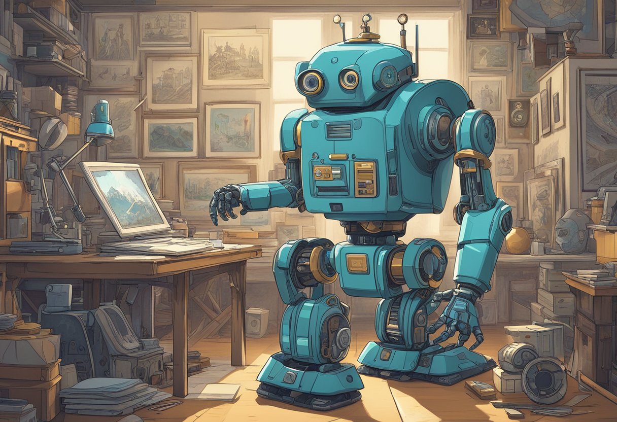 A futuristic robot using AI to animate a character, surrounded by old-fashioned animation tools and historical artwork