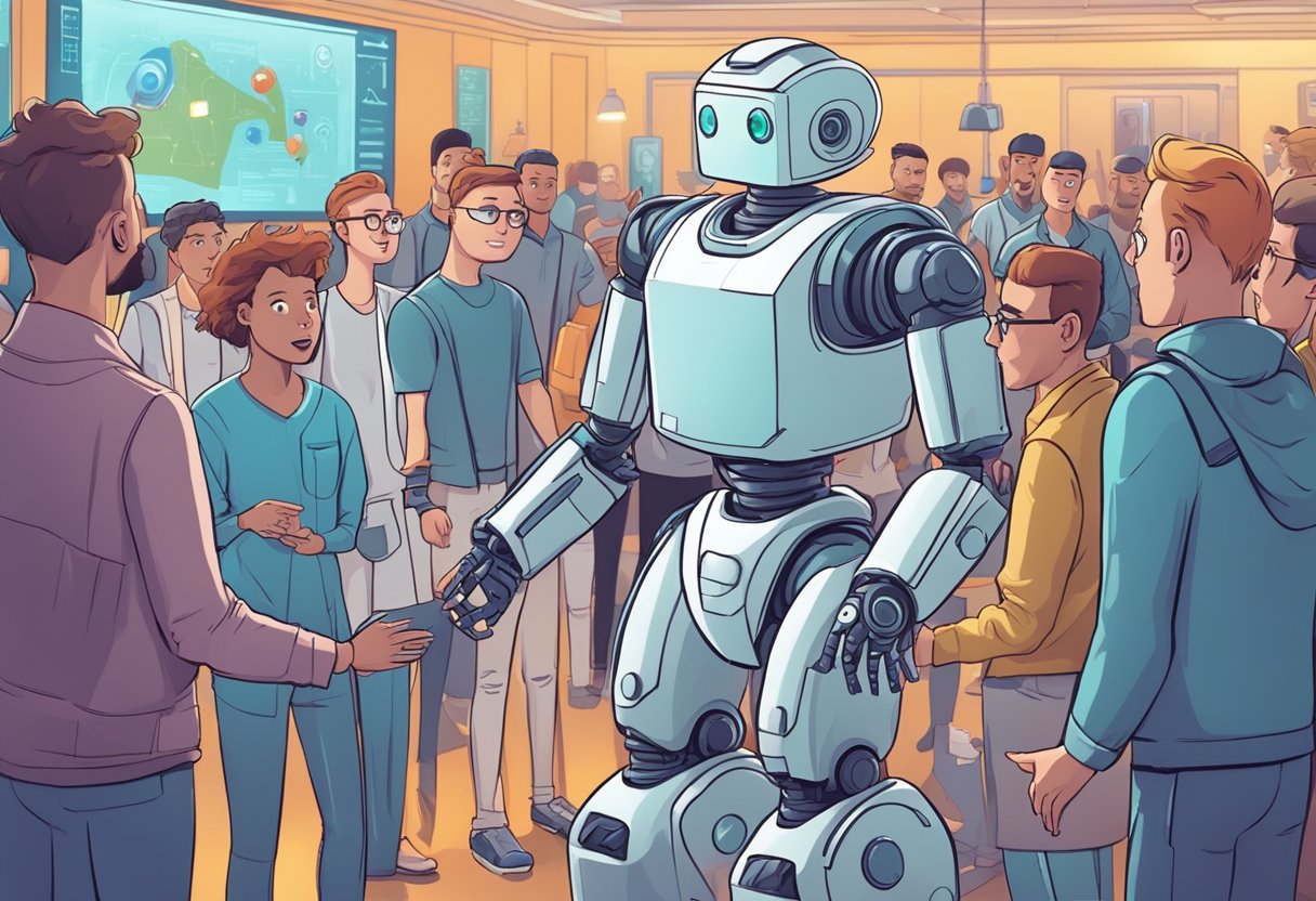 A futuristic AI robot creating animated scenes, surrounded by worried human animators and excited tech developers