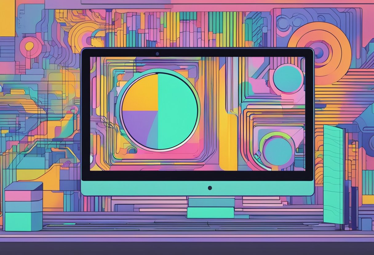 A sleek, futuristic computer monitor displays a complex 3D animation being created by advanced AI software. Brightly colored lines and shapes move and transform on the screen