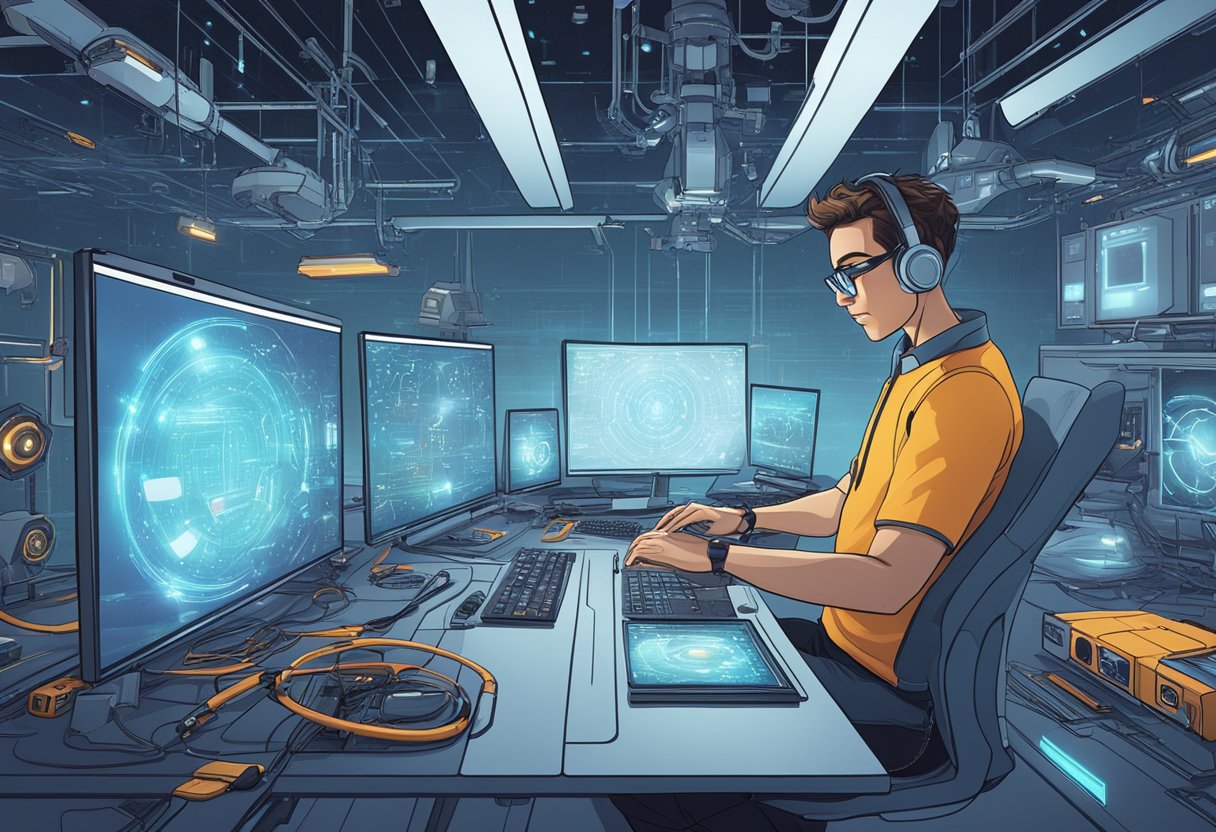 An animator surrounded by futuristic technology, creating AI-inspired animations