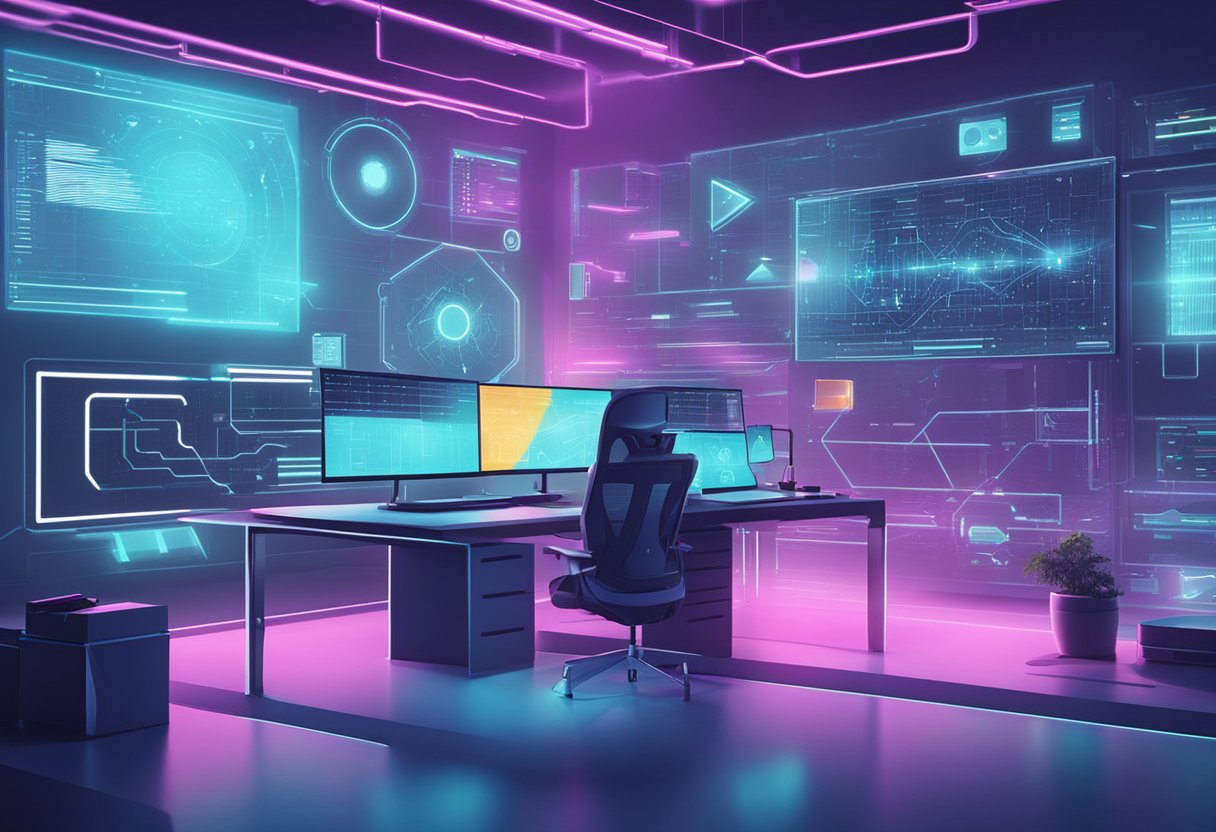 A futuristic workspace with a computer screen displaying complex AI animation tools in action, surrounded by high-tech equipment and digital interfaces