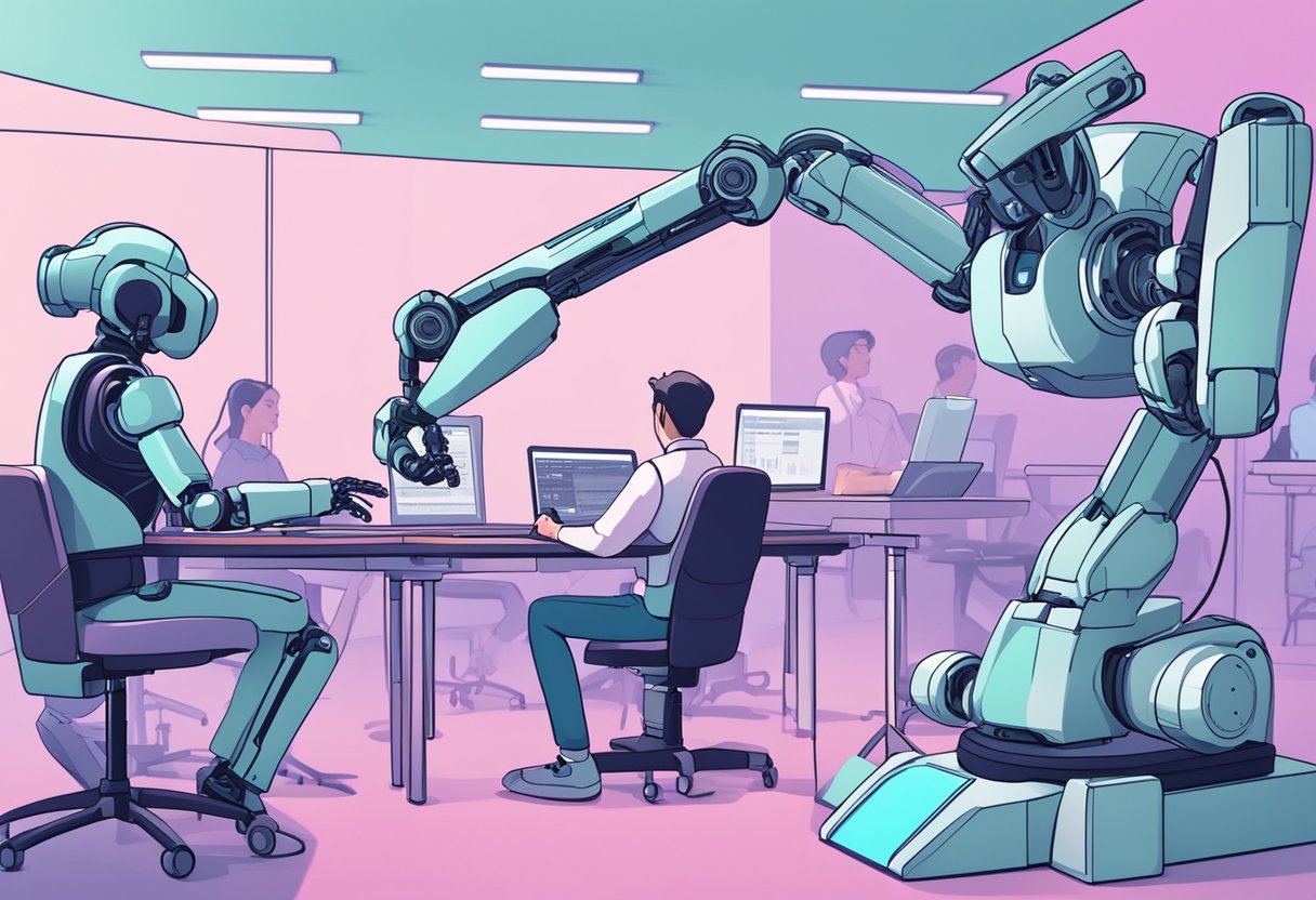 Robotic arms animating characters while human animators observe and adjust settings. AI algorithms running on screens in the background