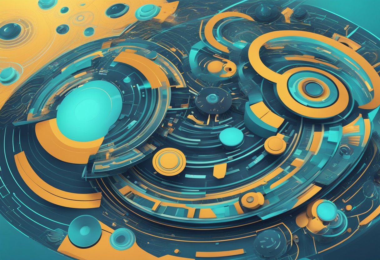 A futuristic interface with intricate, dynamic patterns and shapes swirling and morphing in a mesmerizing display of advanced AI animation