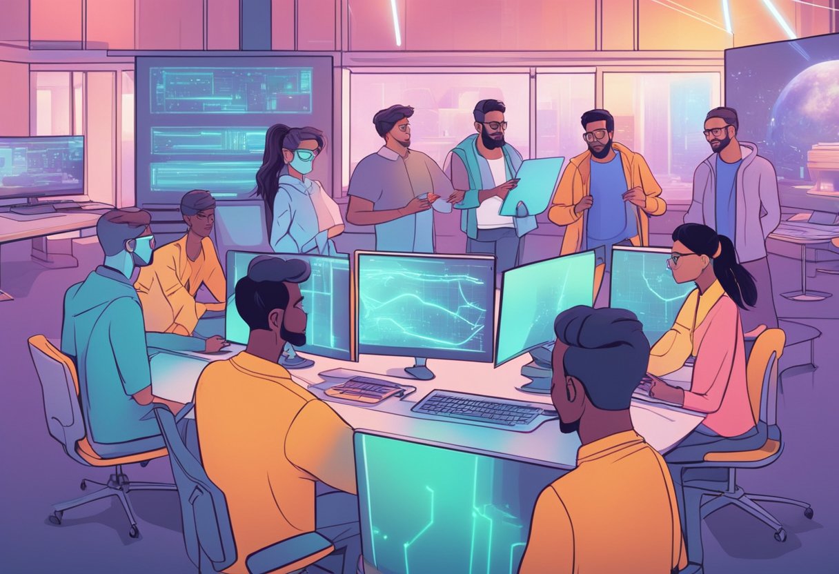 A group of animators brainstorming ideas while surrounded by futuristic AI animation technology