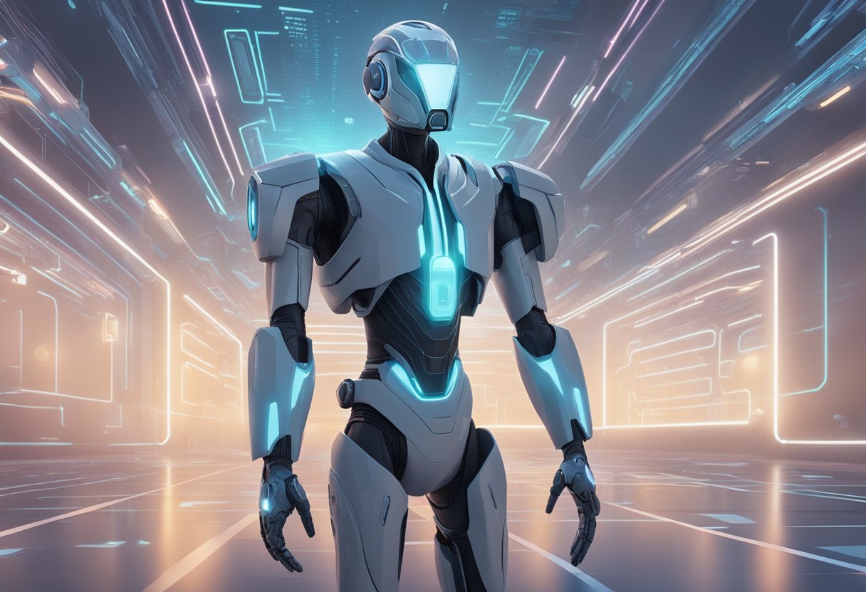 A futuristic AI-powered character interacts with virtual environment, showcasing its potential for animation