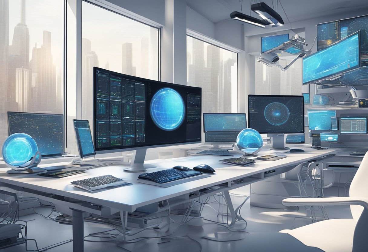 A sleek, modern computer workstation with multiple screens displaying complex coding and intricate 3D models, surrounded by high-tech equipment and futuristic gadgets