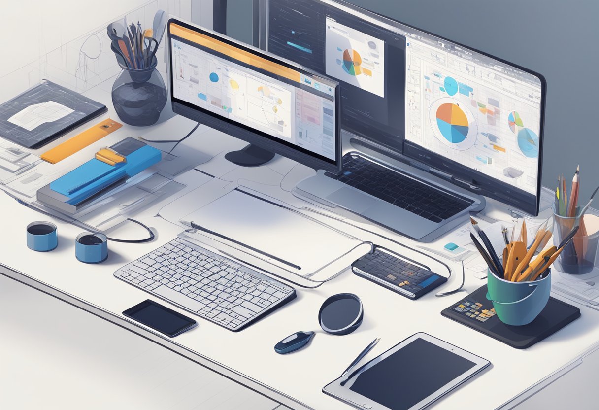 An animator's desk cluttered with traditional tools and a sleek AI-powered tablet, symbolizing the evolution and potential risks of AI in animation workflows