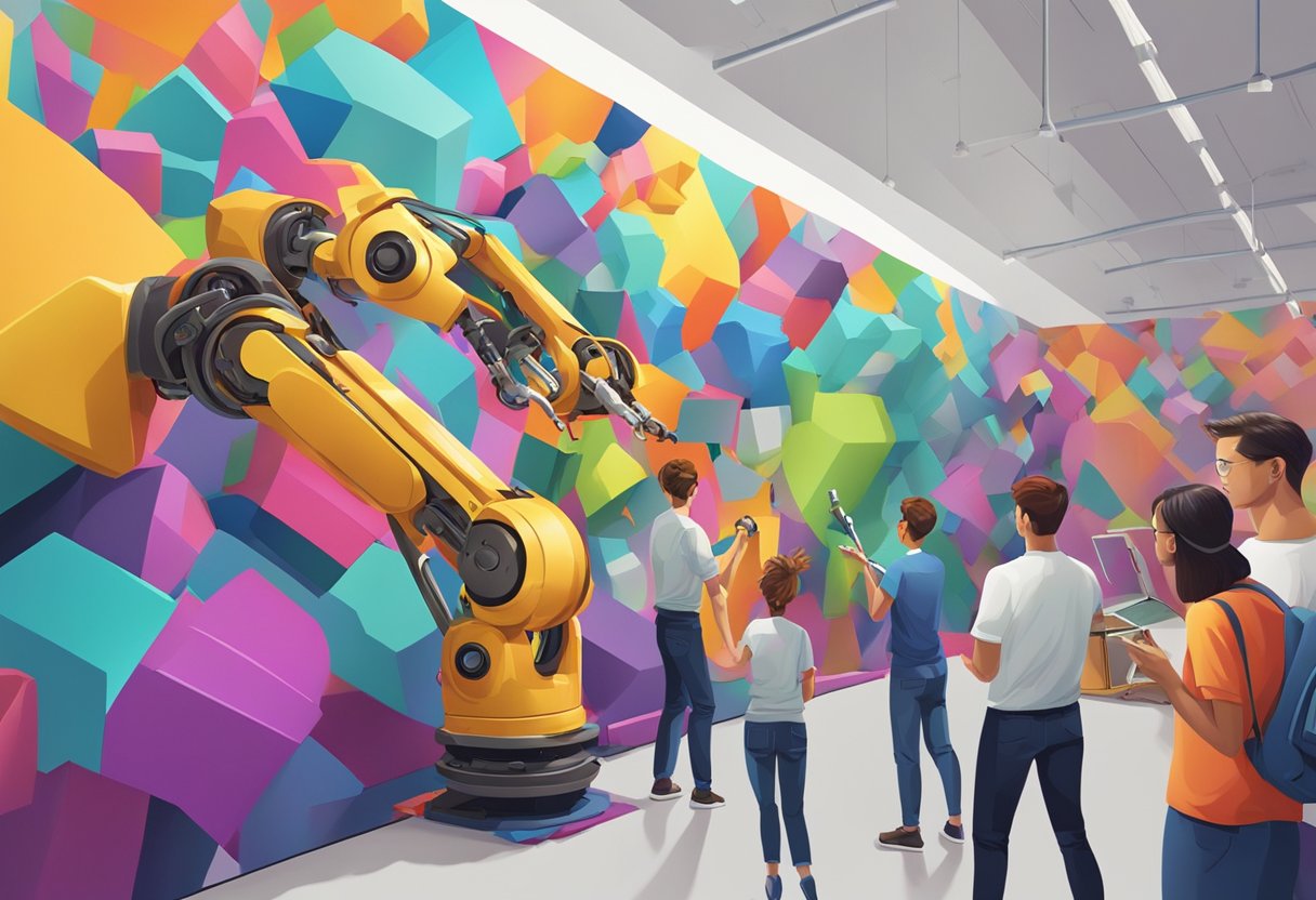 Robotic arms painting a vibrant, abstract mural on a digital canvas, while a group of animators look on nervously