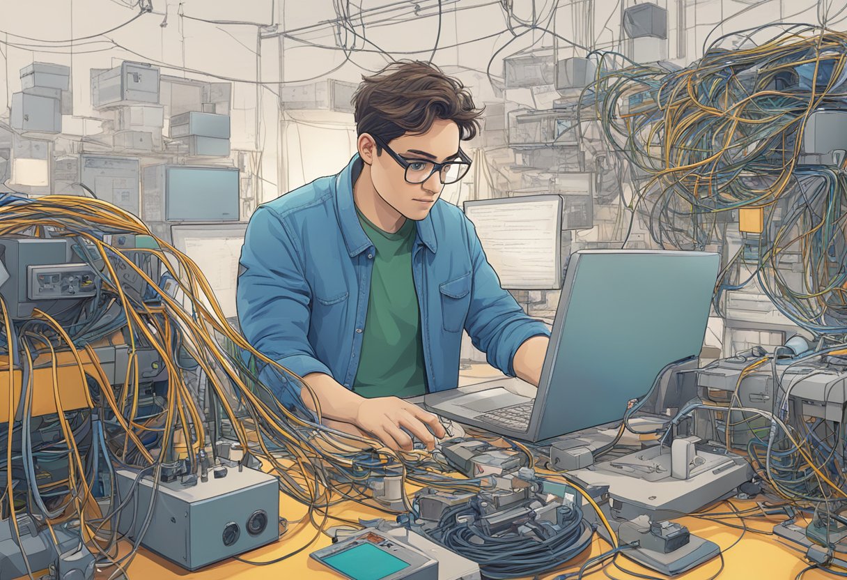 An animator surrounded by tangled wires and malfunctioning AI tools