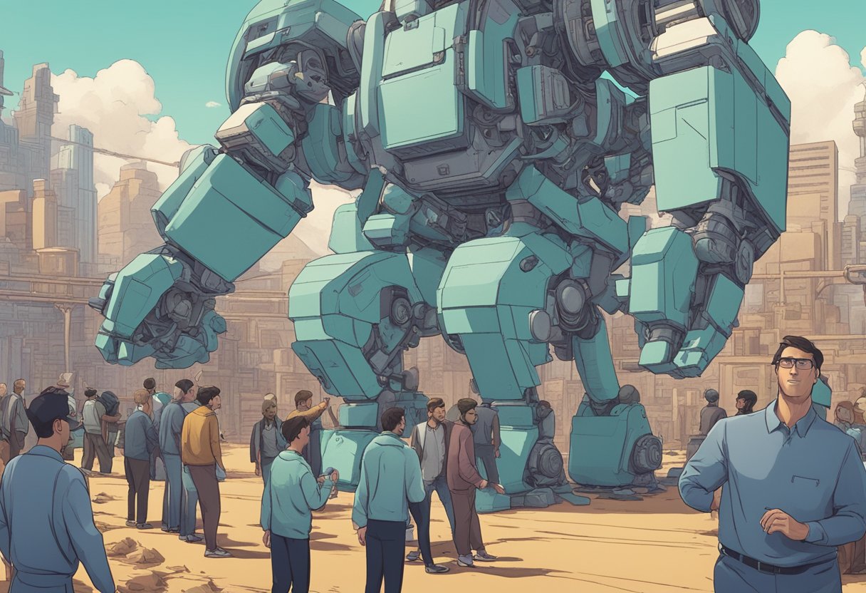 A group of animated characters struggle to maintain control as a giant AI algorithm looms ominously in the background