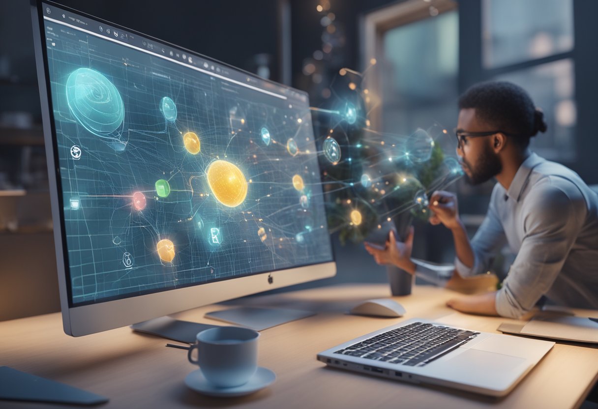 A digital twin interacts with AI-powered animation tools, highlighting the potential risks of over-reliance on personalization in the creative process