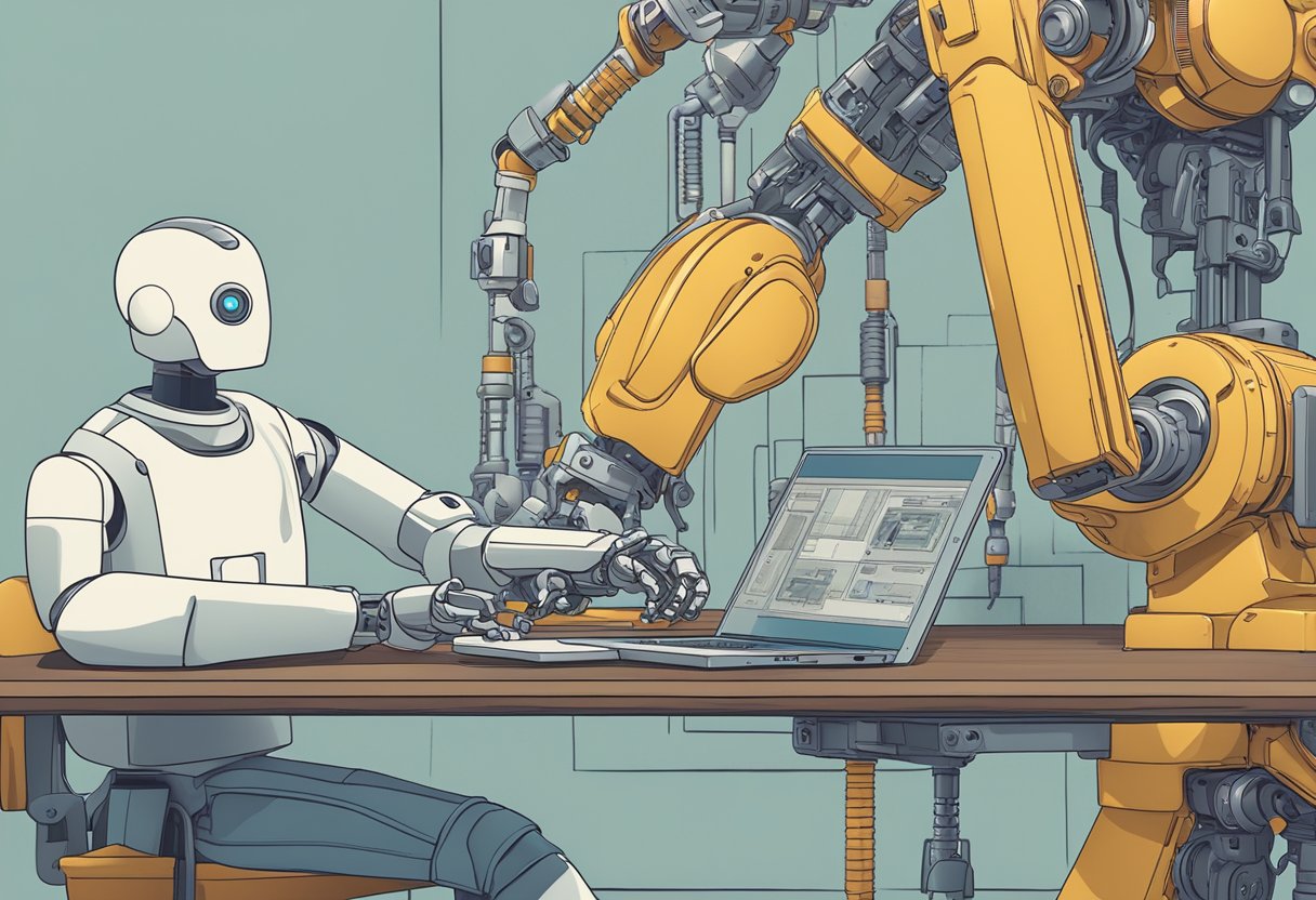 A robot arm struggles to keep up with a complex animation task while a human hand sits idle, representing the educational and skills gap risks of AI dependency in animation workflows