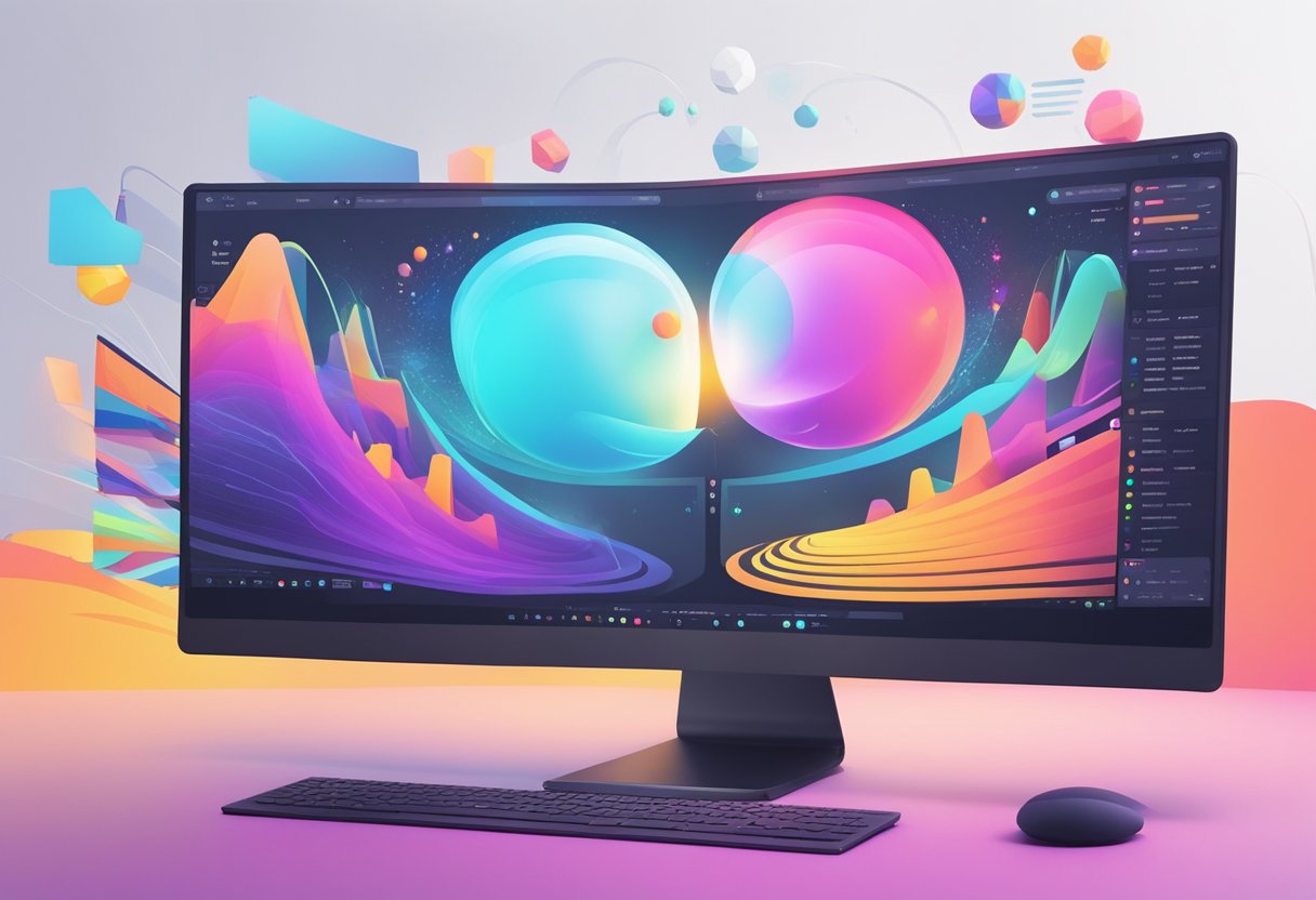 A vibrant computer screen split in half, one side showing Toon Boom Harmony interface, the other displaying AI software, with animation elements flowing between them