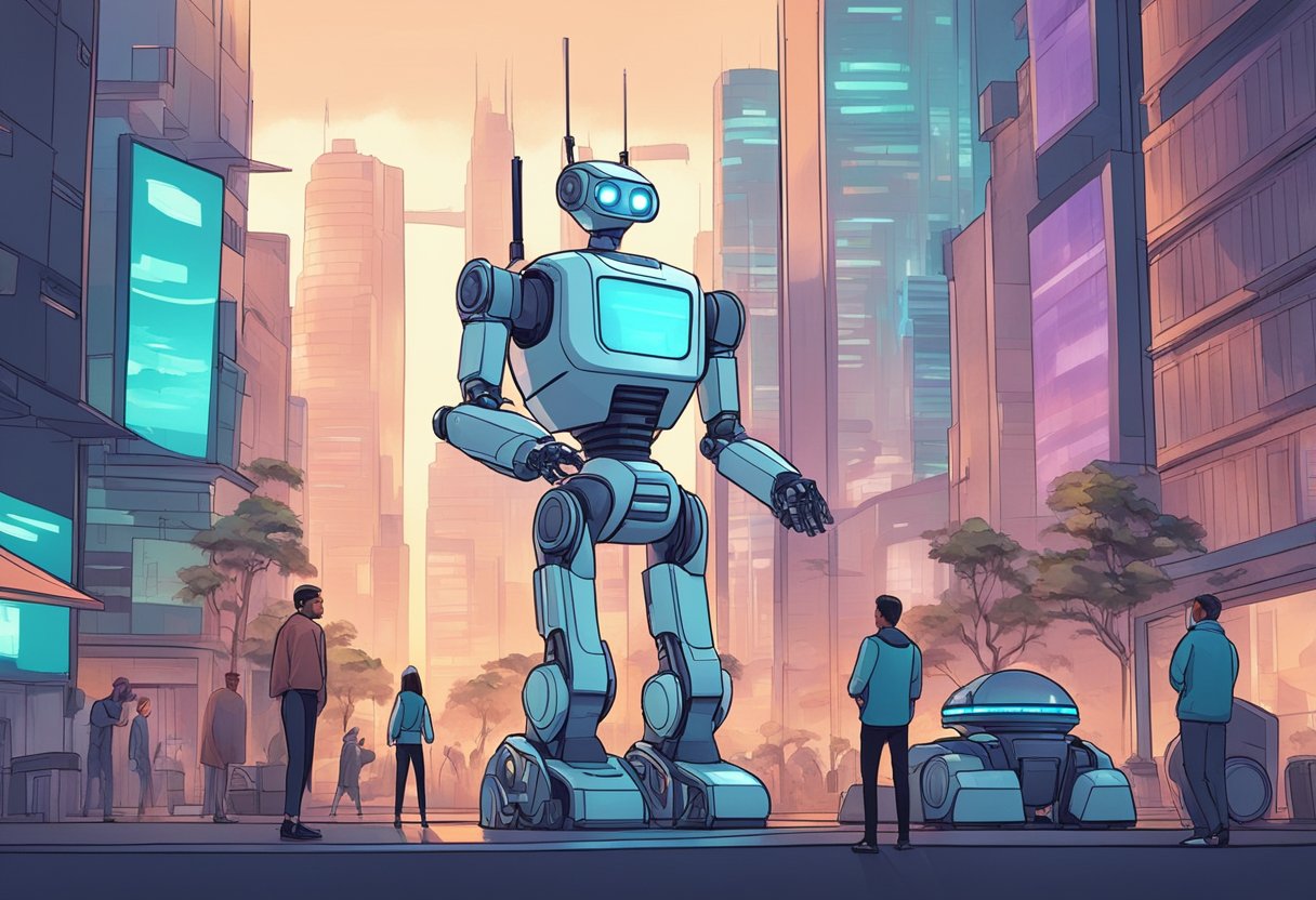 An AI-powered robot animates a futuristic cityscape, while human animators look on with concern