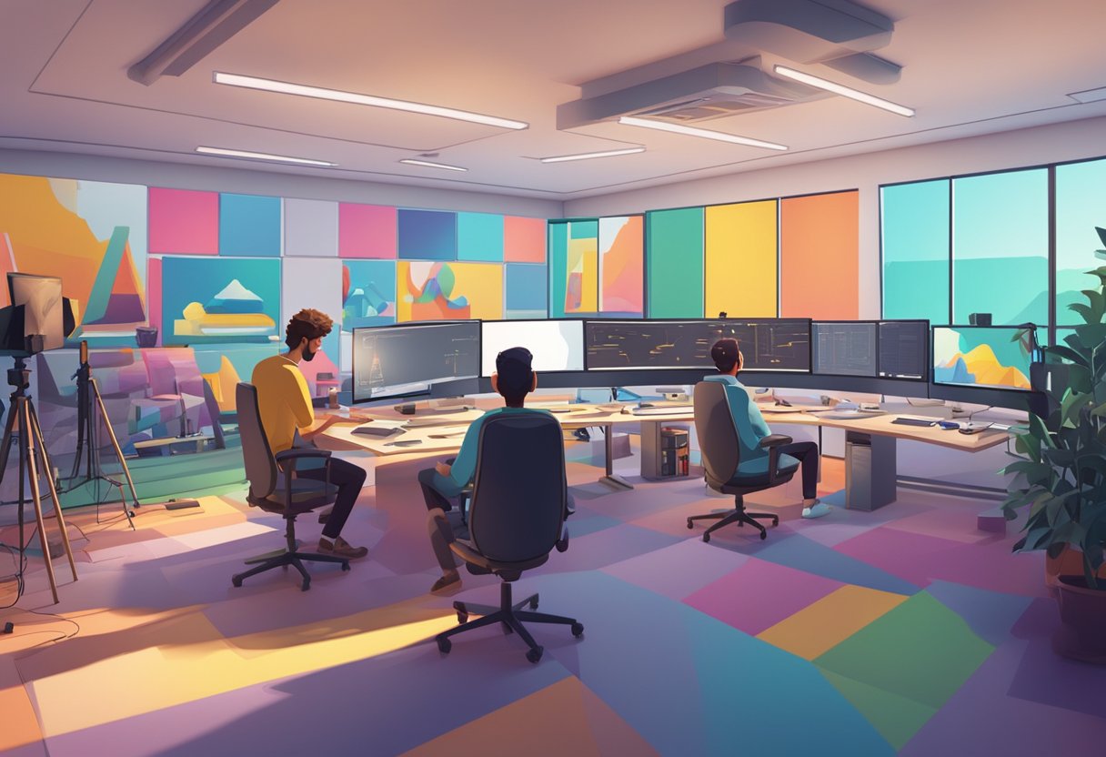 A colorful animation studio filled with advanced technology and software, including Toon Boom Harmony and AI, with artists working on various projects
