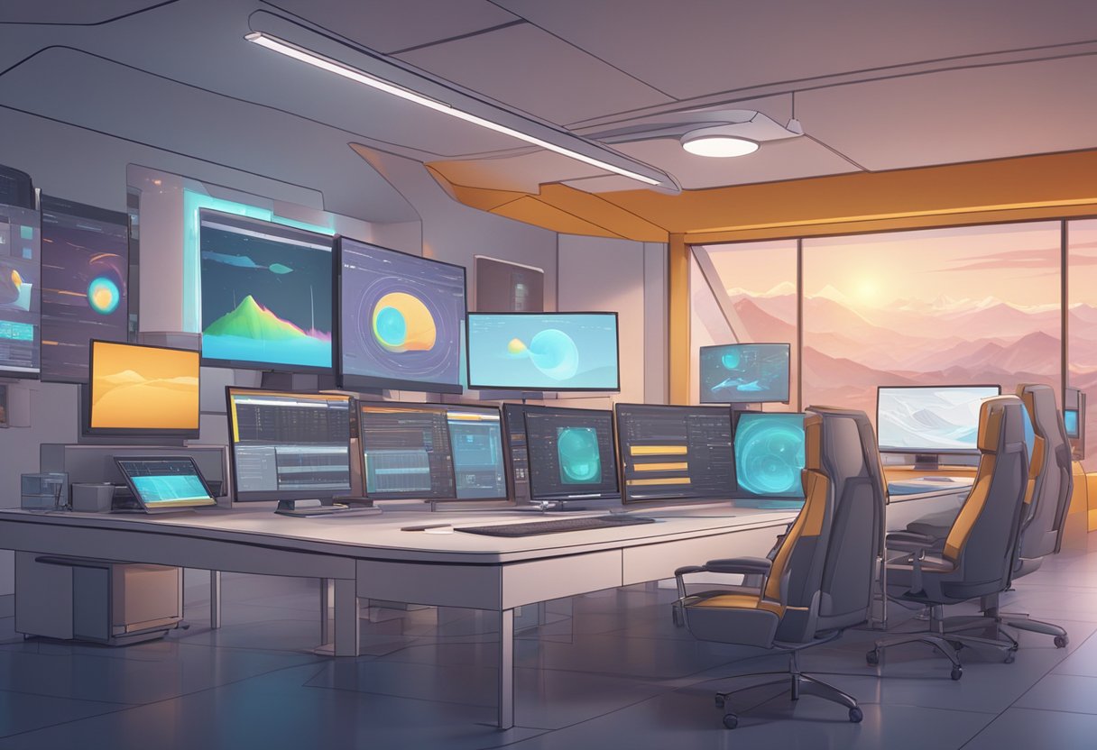 A futuristic animation studio with Toon Boom Harmony software and AI technology seamlessly integrated, working in harmony to create stunning visuals