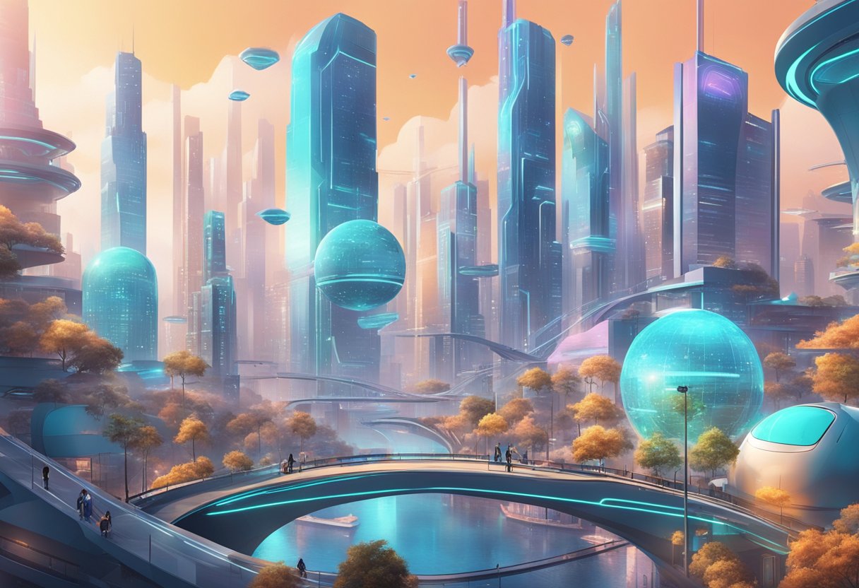 A futuristic cityscape with animated characters and AI technology interacting in harmony
