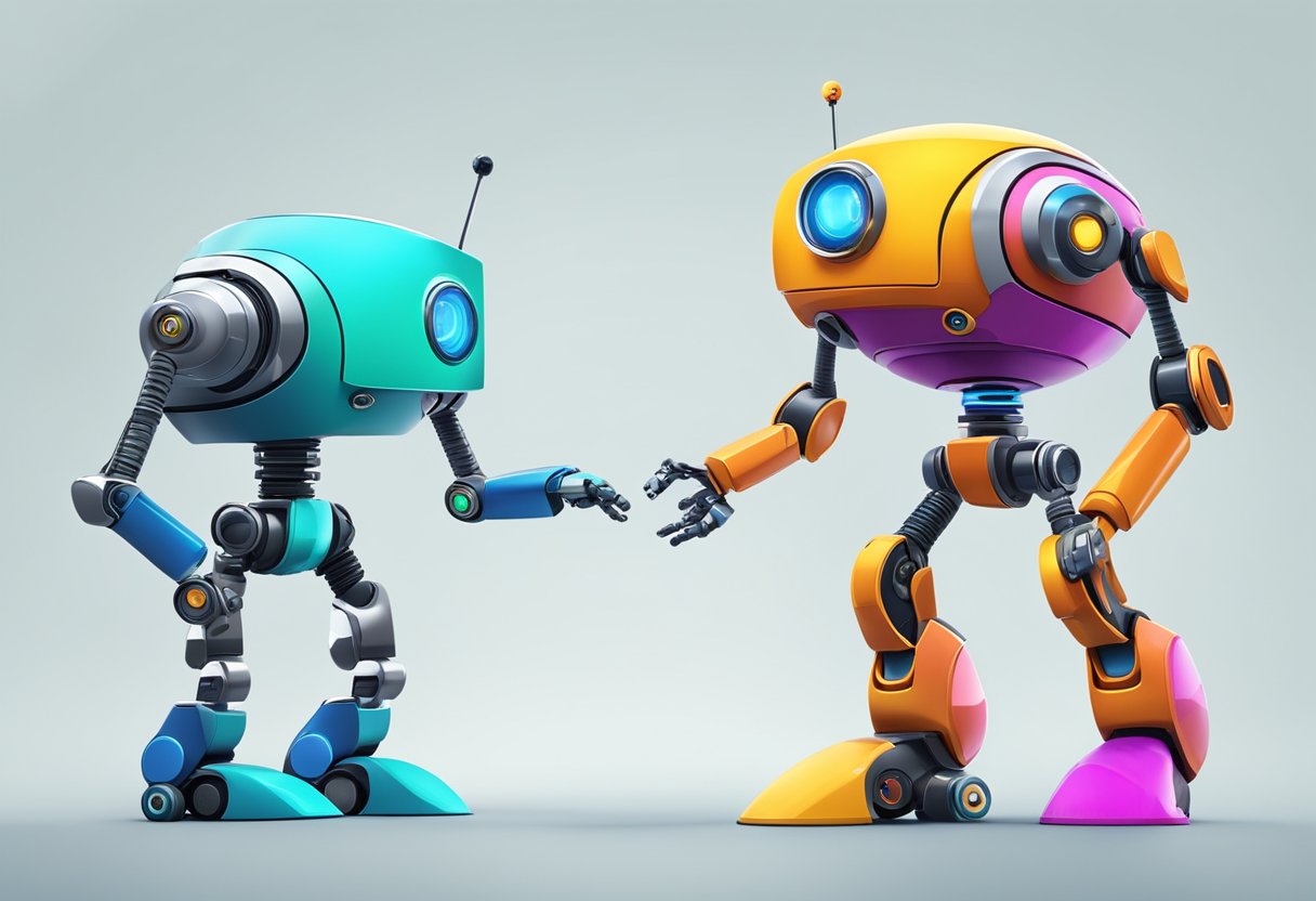 A colorful cartoon robot and a sleek, futuristic AI interface face off in a lively debate