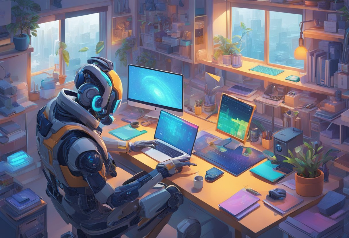 An AI-generated character interacts with various tools and technology, surrounded by a vibrant and imaginative workspace