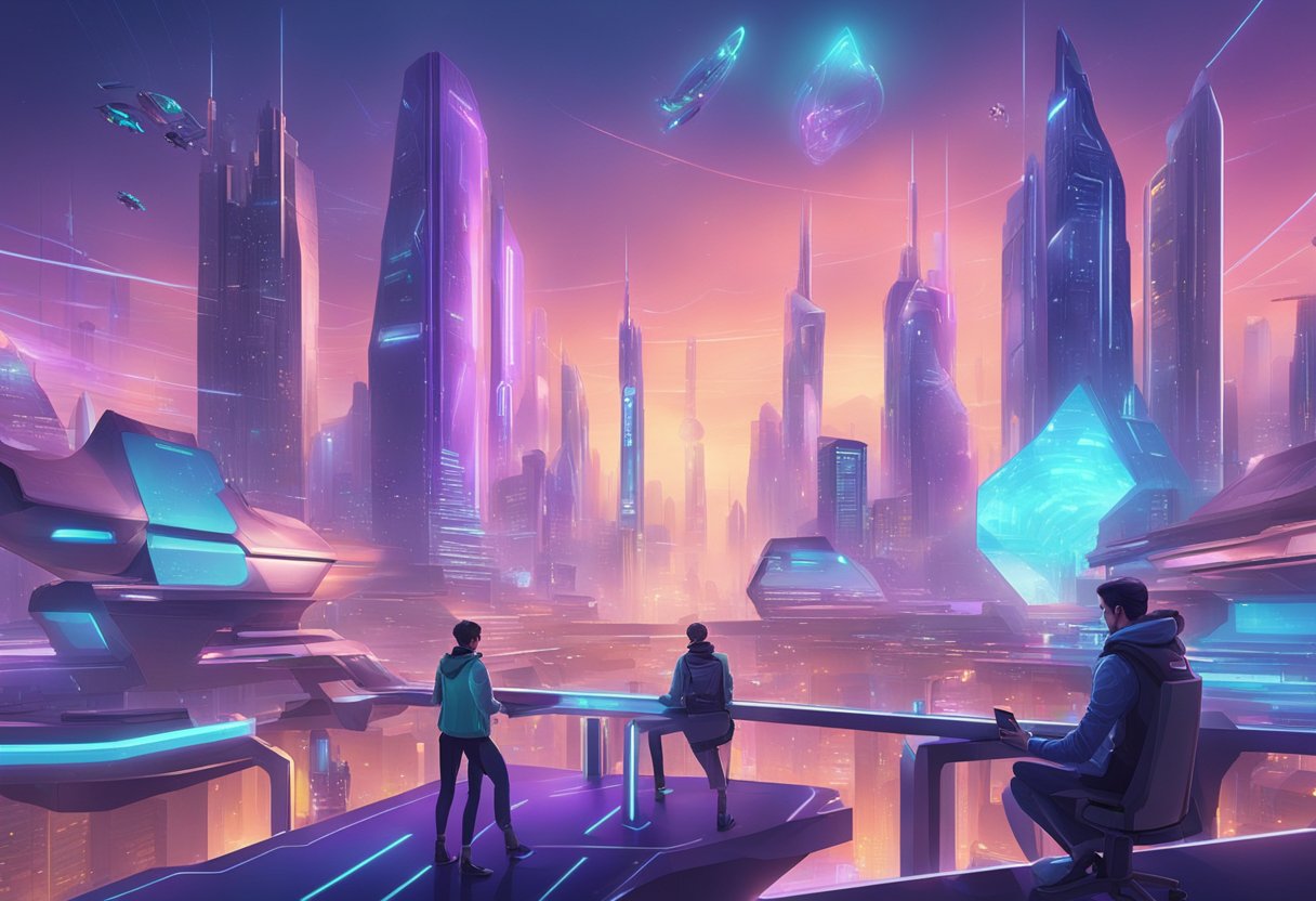 A futuristic cityscape with holographic gaming characters interacting with AI-powered animations, showcasing the endless opportunities for freelancers in the gaming industry