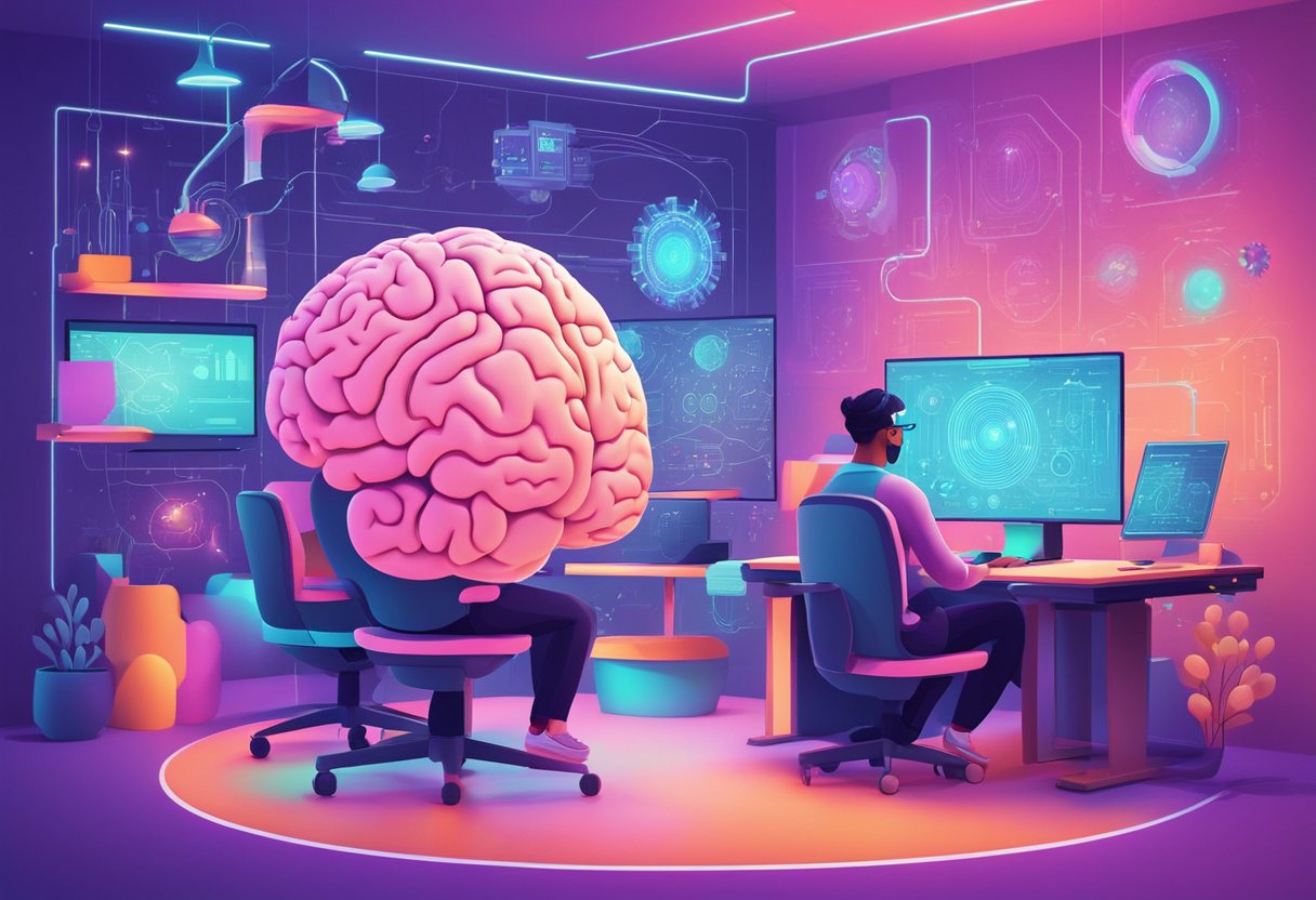 A vibrant brain-shaped animation studio surrounded by futuristic AI technology and tools, with freelance animators collaborating and creating innovative neuro-inspired animations